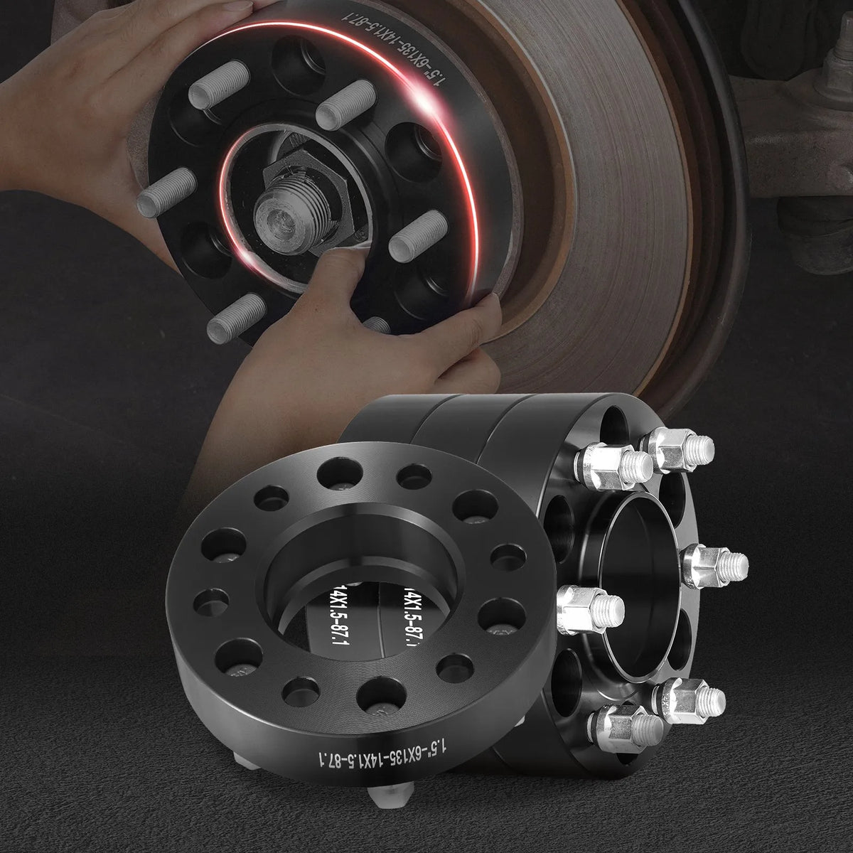 38.1 mm 6x135 mm forged wheel adapters, 6 lug, black, 4 pcs