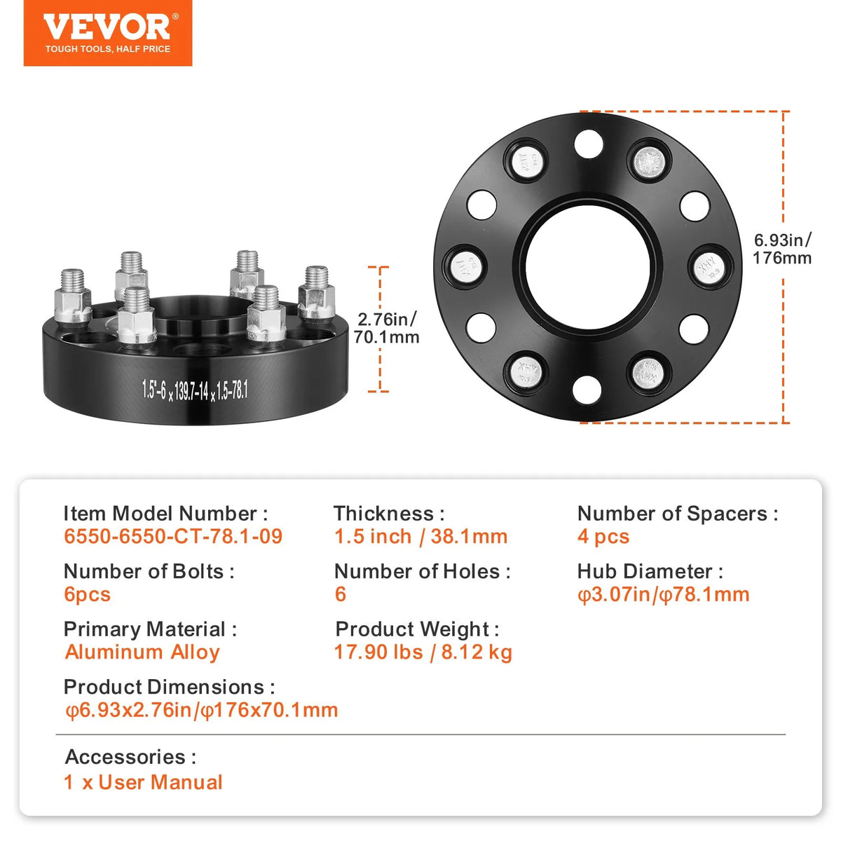 38.1 mm 6×139.7 mm wheel spacers, 6-bolt mounting, forged, 4 pcs, black