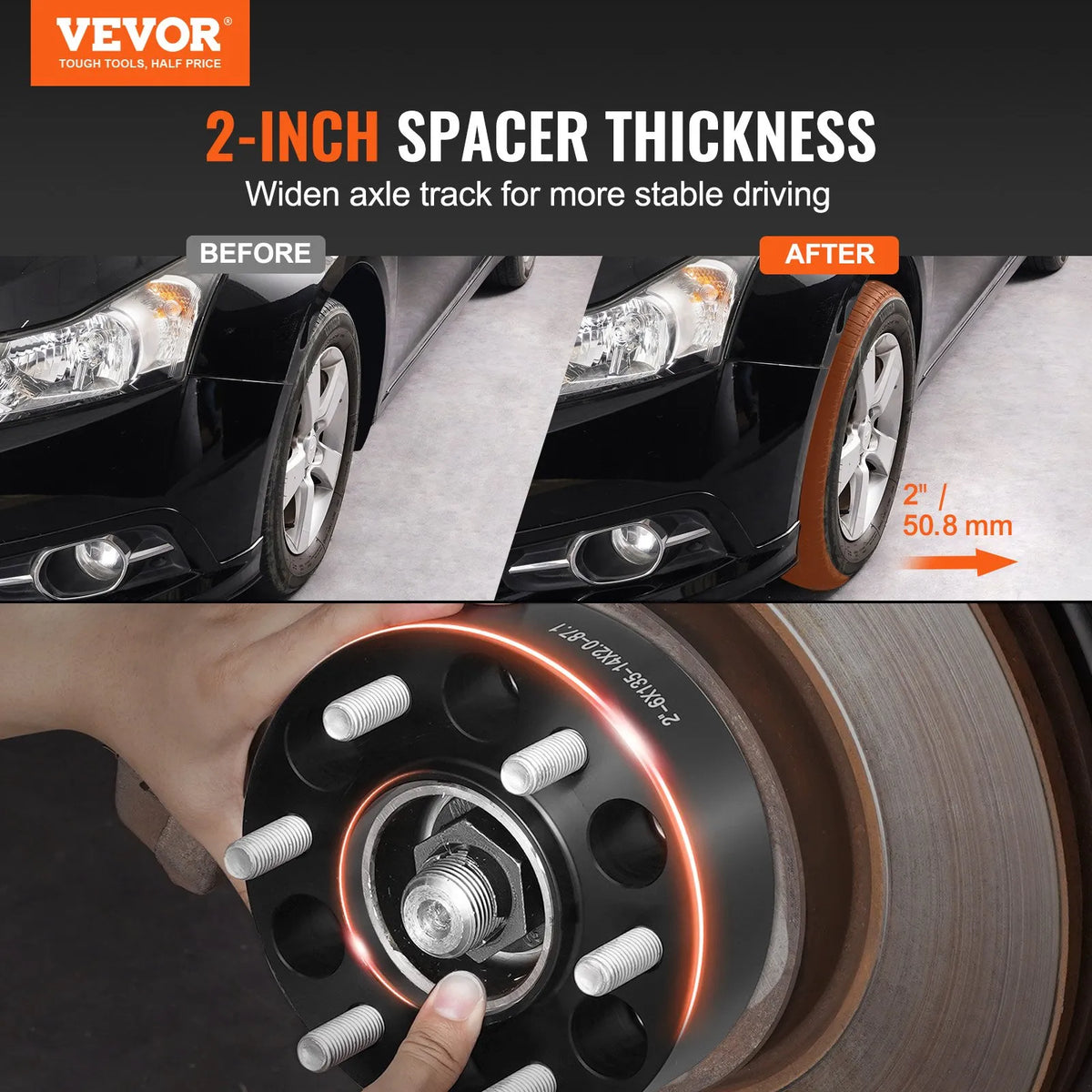 Wheel Spacers Black, 4 pcs, Solid, 15.24 × 13.46 cm, with 6 Bolt Holes, 5.08 cm Thick