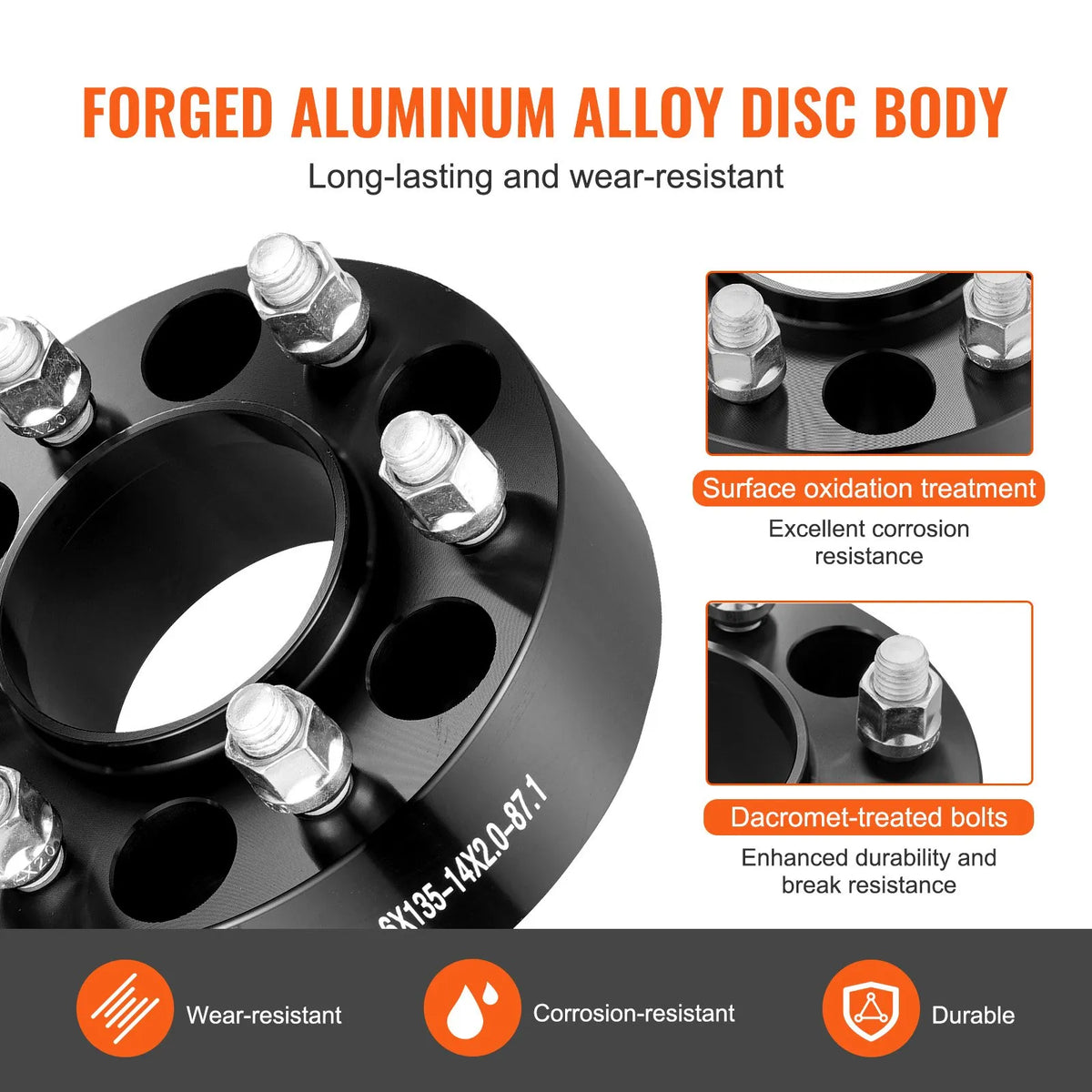 Wheel Spacers Black, 4 pcs, Solid, 15.24 × 13.46 cm, with 6 Bolt Holes, 5.08 cm Thick