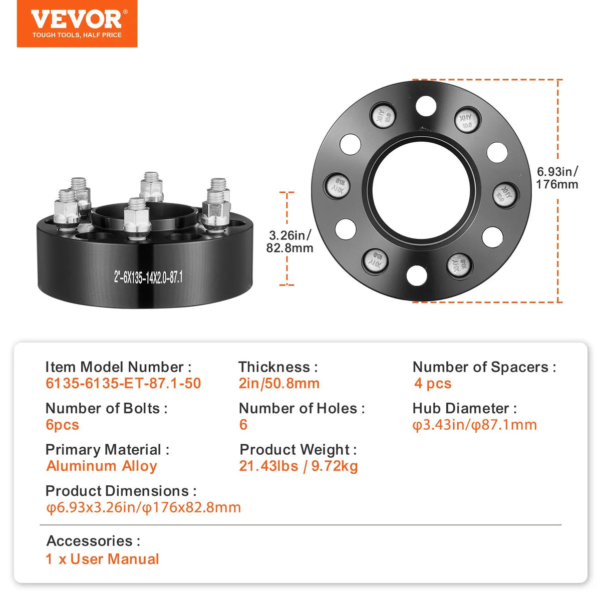 Wheel Spacers Black, 4 pcs, Solid, 15.24 × 13.46 cm, with 6 Bolt Holes, 5.08 cm Thick