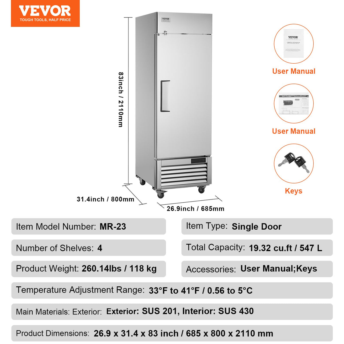 VEVOR komerciālais ledusskapis 570 l, vertikāls ar vienām durvīm, 3 plaukti, −2…+8 °C, nerūsējošā tērauda