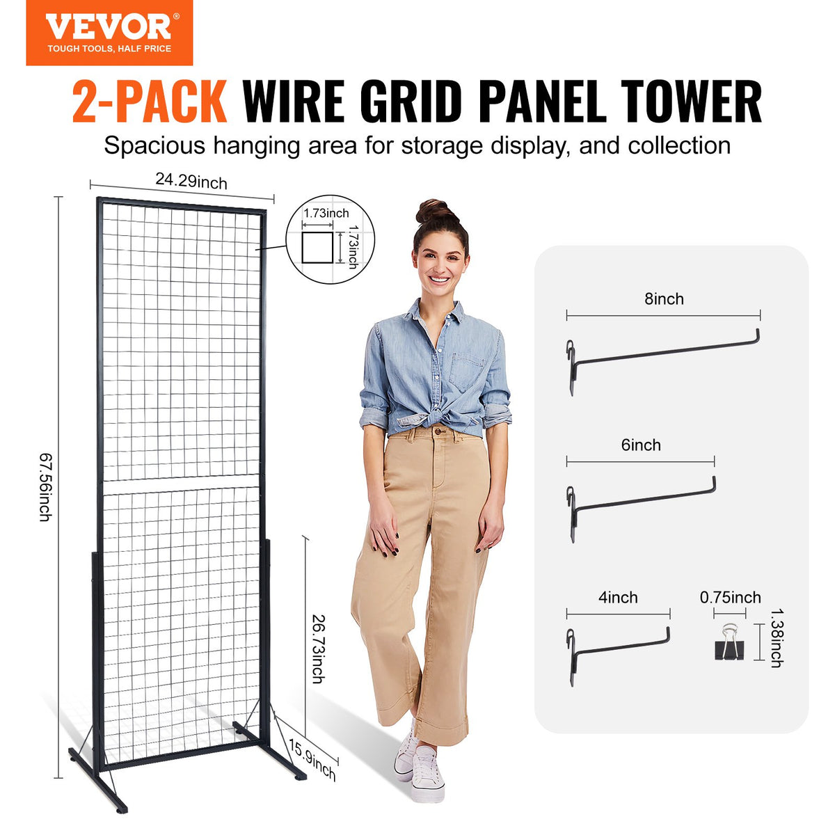 VEVOR Grid Display Panels 61 × 170 cm, 2 pcs, with T-shaped Floor Stands, Double-sided, with Additional Hooks and Fasteners – Suitable for Exhibitions and Retail Spaces