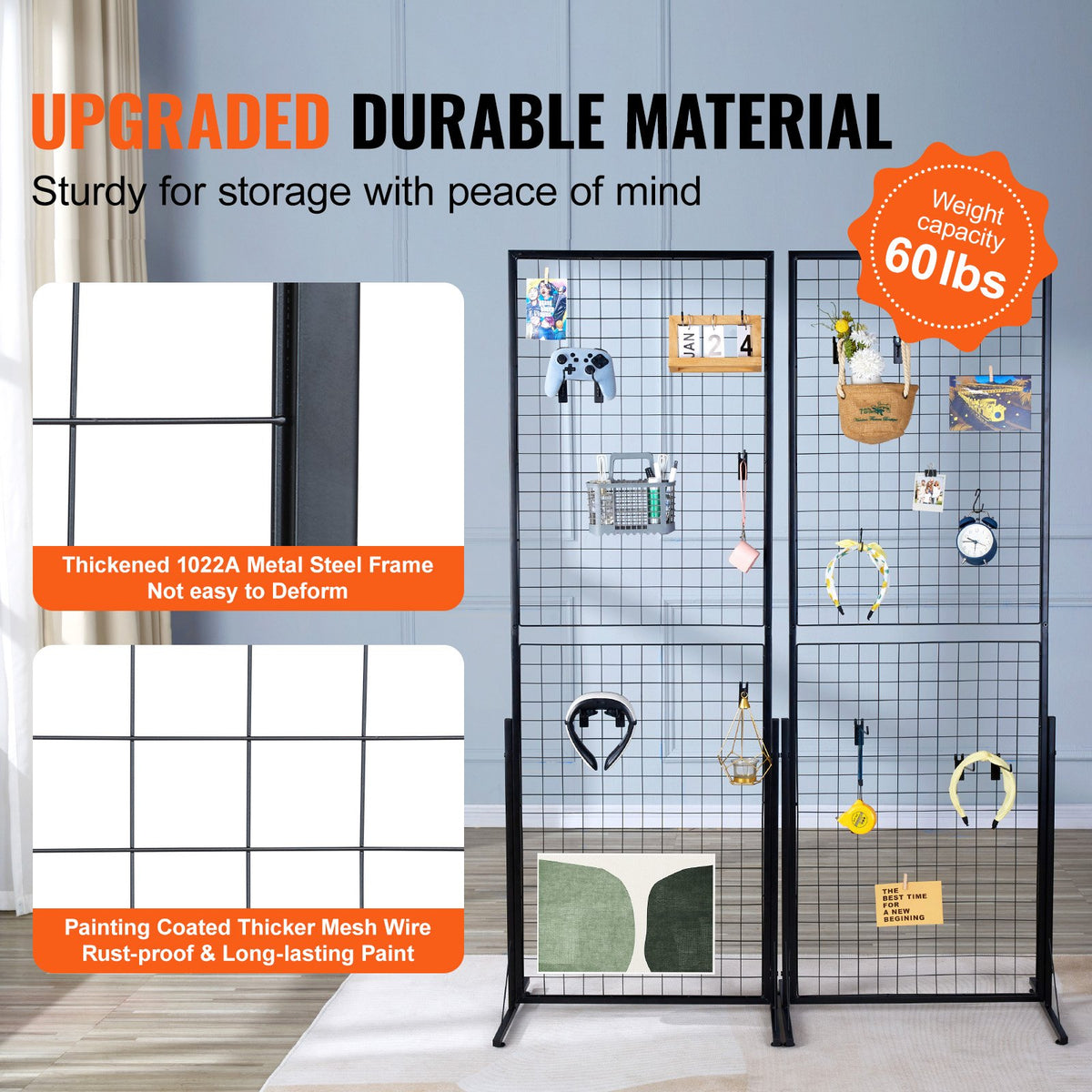 VEVOR Grid Display Panels 61 × 170 cm, 2 pcs, with T-shaped Floor Stands, Double-sided, with Additional Hooks and Fasteners – Suitable for Exhibitions and Retail Spaces