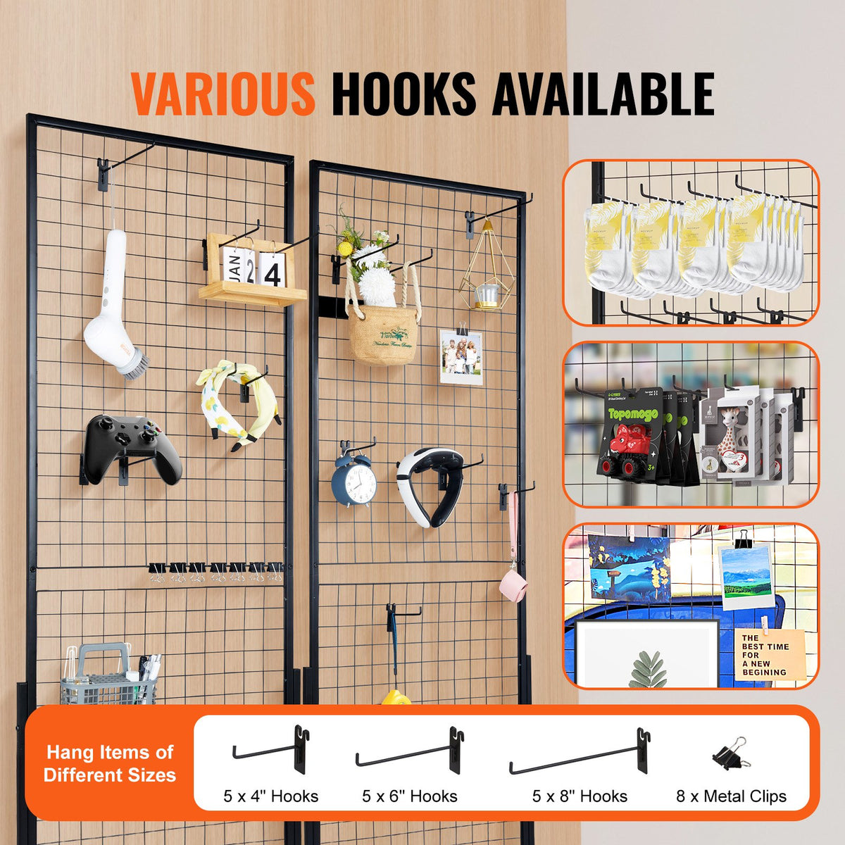 VEVOR Grid Display Panels 61 × 170 cm, 2 pcs, with T-shaped Floor Stands, Double-sided, with Additional Hooks and Fasteners – Suitable for Exhibitions and Retail Spaces