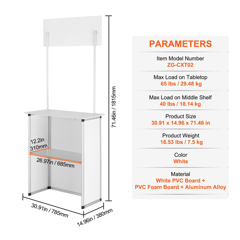 VEVOR pārnēsājams izstāžu podiums, 78,5 × 38 × 181,5 cm, salokāms reklāmas stends ar sienu, uzglabāšanas plauktu un pārnēsājamo somu