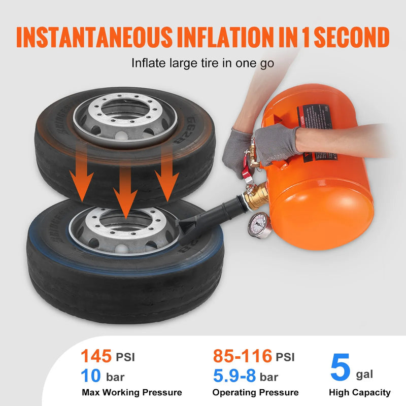 Riepu malas piepūšanas tvertne, 19 l tilpums, ar spiediena mērītāju un rokturi, maksimālais spiediens 10 bar, darbības spiediens 5,9-8 bar, piemērota vieglajiem auto, kravas automašīnām un ATV