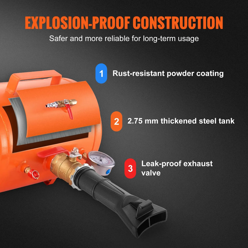 Riepu malas piepūšanas tvertne, 19 l tilpums, ar spiediena mērītāju un rokturi, maksimālais spiediens 10 bar, darbības spiediens 5,9-8 bar, piemērota vieglajiem auto, kravas automašīnām un ATV