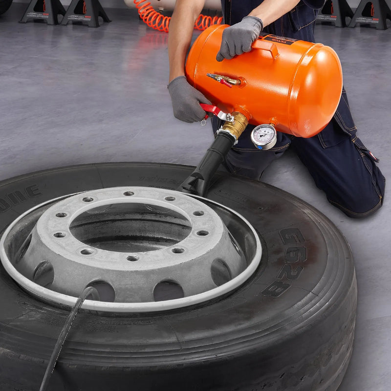 Riepu malas piepūšanas tvertne, 19 l tilpums, ar spiediena mērītāju un rokturi, maksimālais spiediens 10 bar, darbības spiediens 5,9-8 bar, piemērota vieglajiem auto, kravas automašīnām un ATV