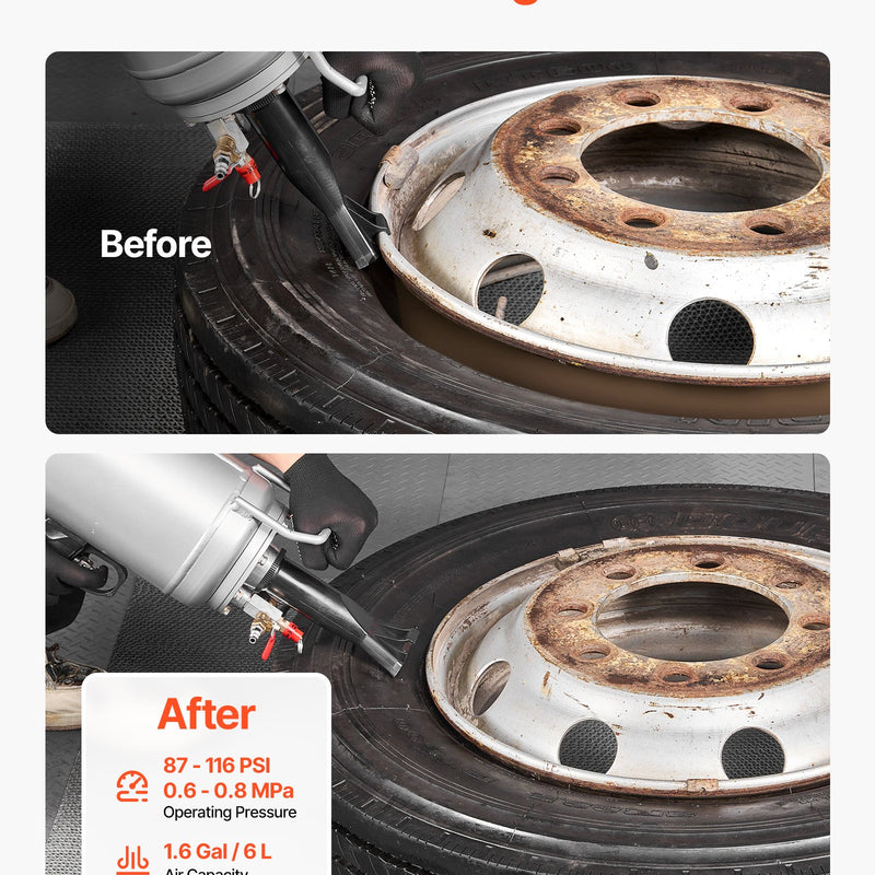 VEVOR portatīvs riepu bortu uzstādīšanas blasteris, 6 l gaisa tvertne, rokas riepu uzstādīšanas instruments ar sprūda mehānismu, darba spiediens 0,6–0,8 MPa, vieglajām automašīnām, SUV, vieglajiem kravas auto, elektroskrejriteņiem un ATV