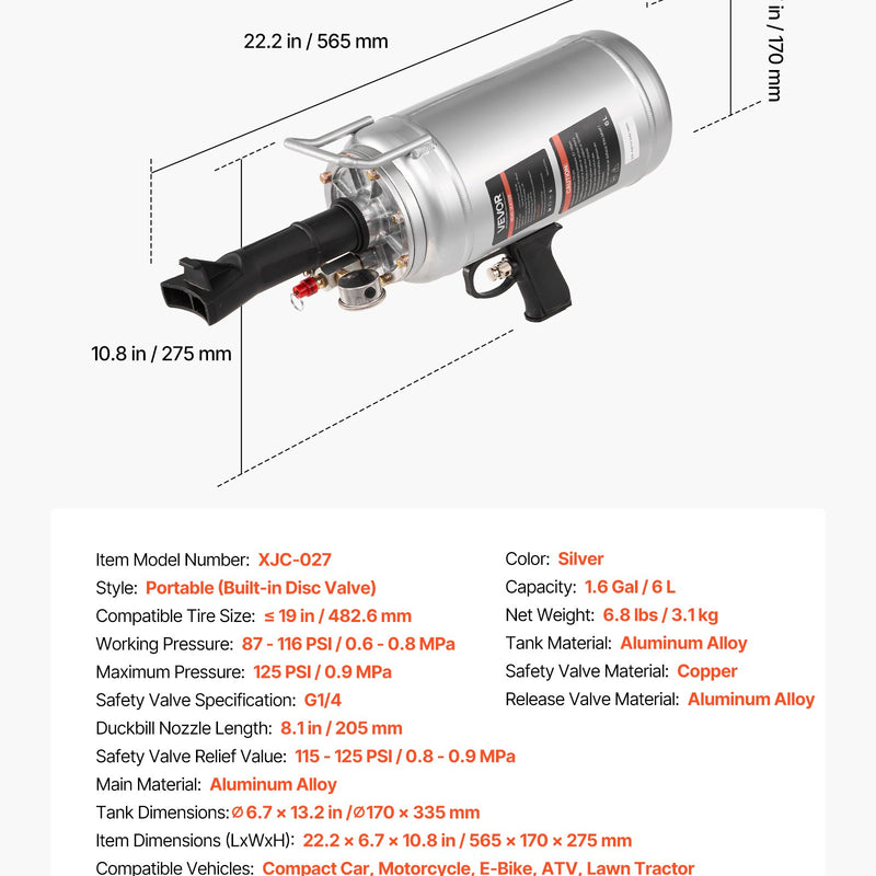 VEVOR portatīvs riepu bortu uzstādīšanas blasteris, 6 l gaisa tvertne, rokas riepu uzstādīšanas instruments ar sprūda mehānismu, darba spiediens 0,6–0,8 MPa, vieglajām automašīnām, SUV, vieglajiem kravas auto, elektroskrejriteņiem un ATV