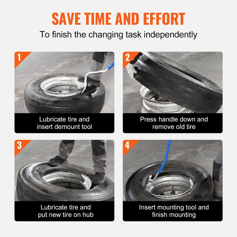 Manuālais riepu montāžas/demontāžas rīks 571–622 mm – tērauds, 3 daļas, ar papildus turētāju un bezkameru kravas automašīnu riepu pārlaizītāju – oranžs