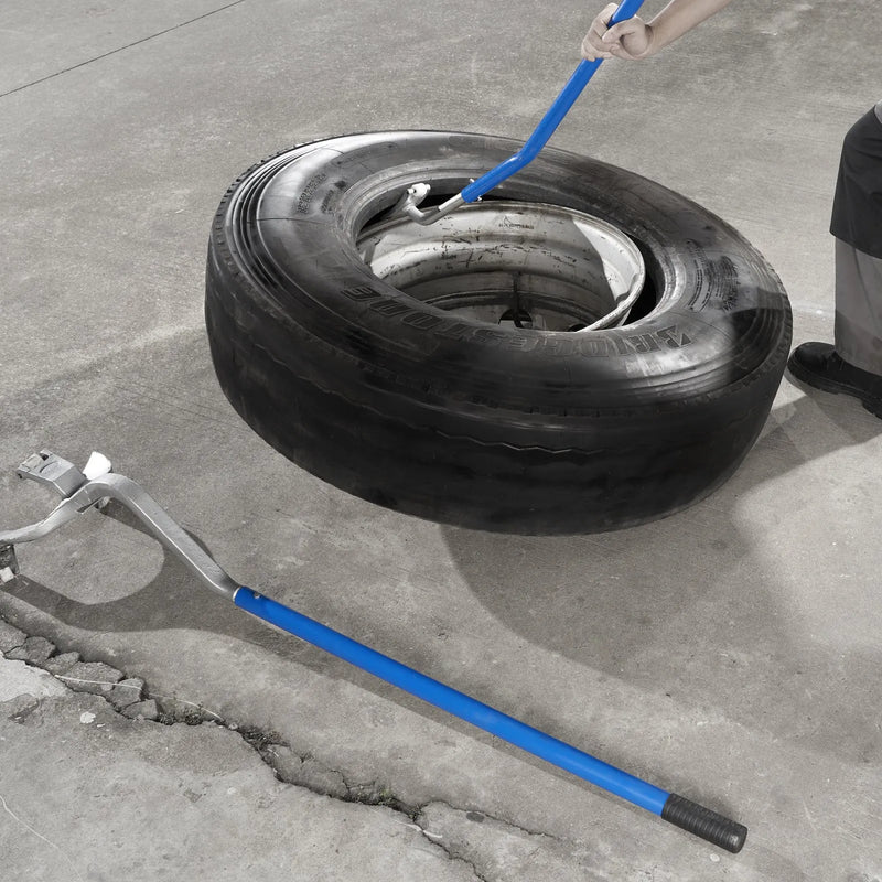 Manuālais riepu montāžas/demontāžas rīks 571–622 mm – tērauds, 3 daļas, ar papildus turētāju un bezkameru kravas automašīnu riepu pārlaizītāju – oranžs