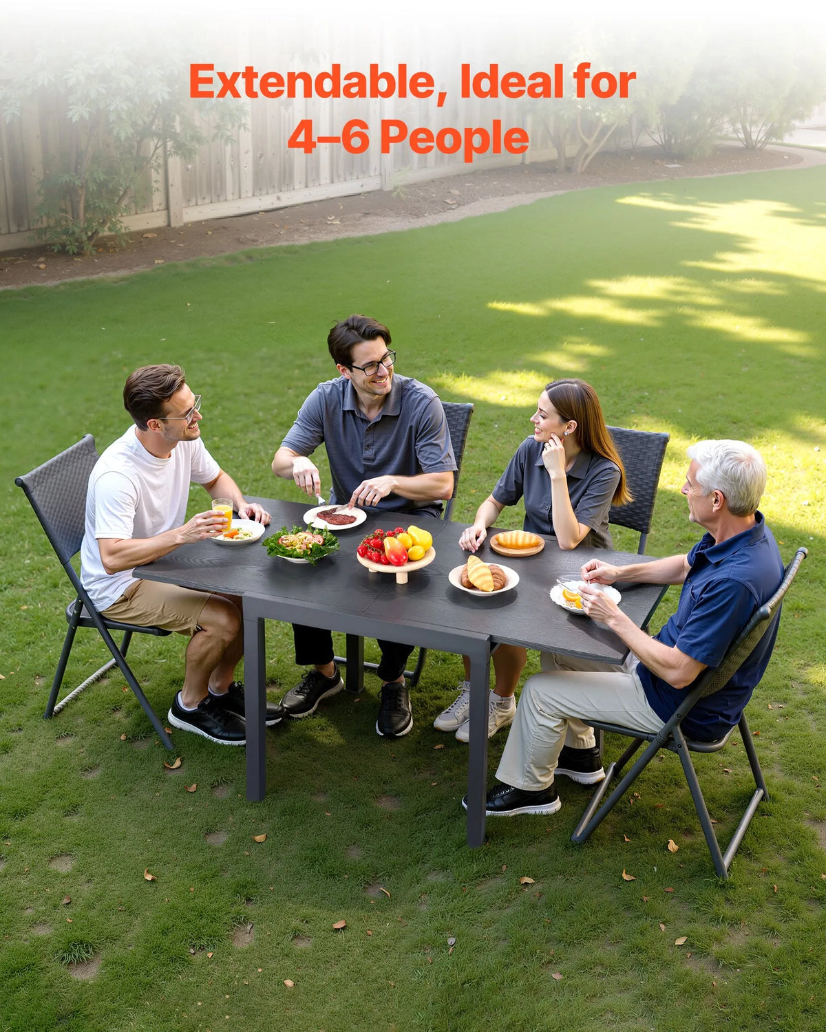 VEVOR Extendable Outdoor Dining Table, 80–160 cm Rectangular Bar-Style Garden Table for 4–6 People, with Aluminium Frame and Steel Slats, Weather-Resistant Garden and Patio Furniture Table, Dark Grey