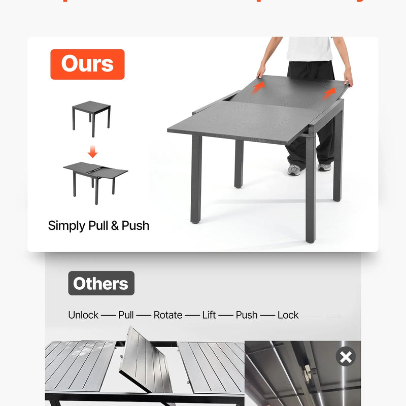 VEVOR izvelkams āra ēdamgalds, 80–160 cm taisnstūra bāra tipa dārza galds 4–6 personām, ar alumīnija rāmi un tērauda lamelēm, laikapstākļu izturīgs dārza un terases mēbeļu galds, tumši pelēks