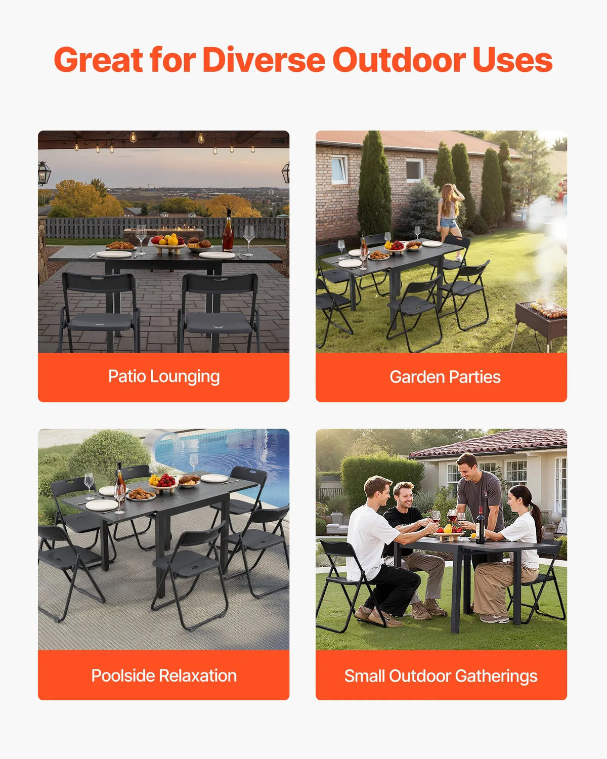 VEVOR Extendable Outdoor Dining Table, 80–160 cm Rectangular Bar-Style Garden Table for 4–6 People, with Aluminium Frame and Steel Slats, Weather-Resistant Garden and Patio Furniture Table, Dark Grey