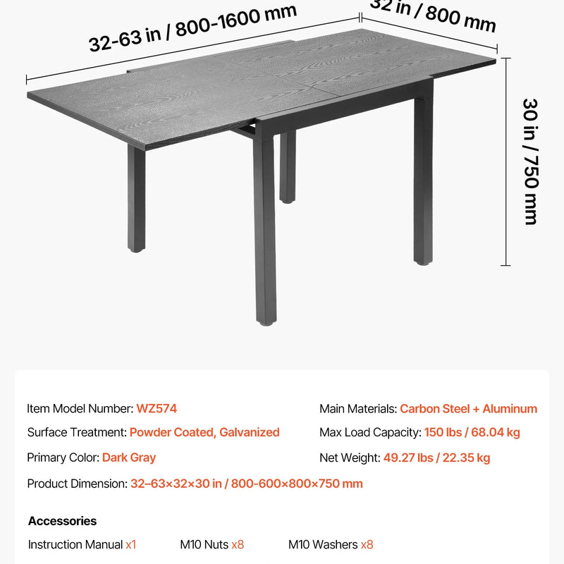 VEVOR izvelkams āra ēdamgalds, 80–160 cm taisnstūra bāra tipa dārza galds 4–6 personām, ar alumīnija rāmi un tērauda lamelēm, laikapstākļu izturīgs dārza un terases mēbeļu galds, tumši pelēks