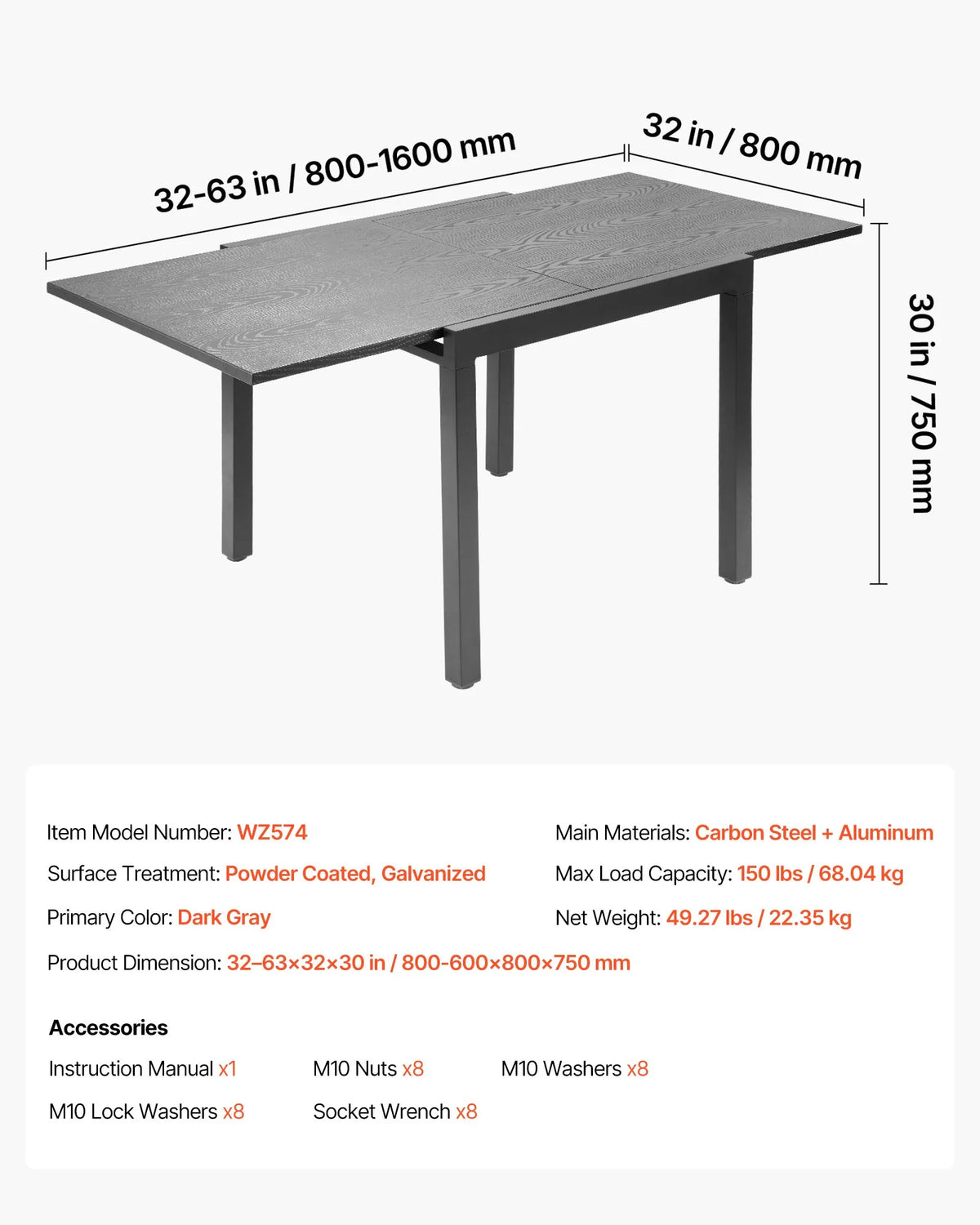 VEVOR Extendable Outdoor Dining Table, 80–160 cm Rectangular Bar-Style Garden Table for 4–6 People, with Aluminium Frame and Steel Slats, Weather-Resistant Garden and Patio Furniture Table, Dark Grey