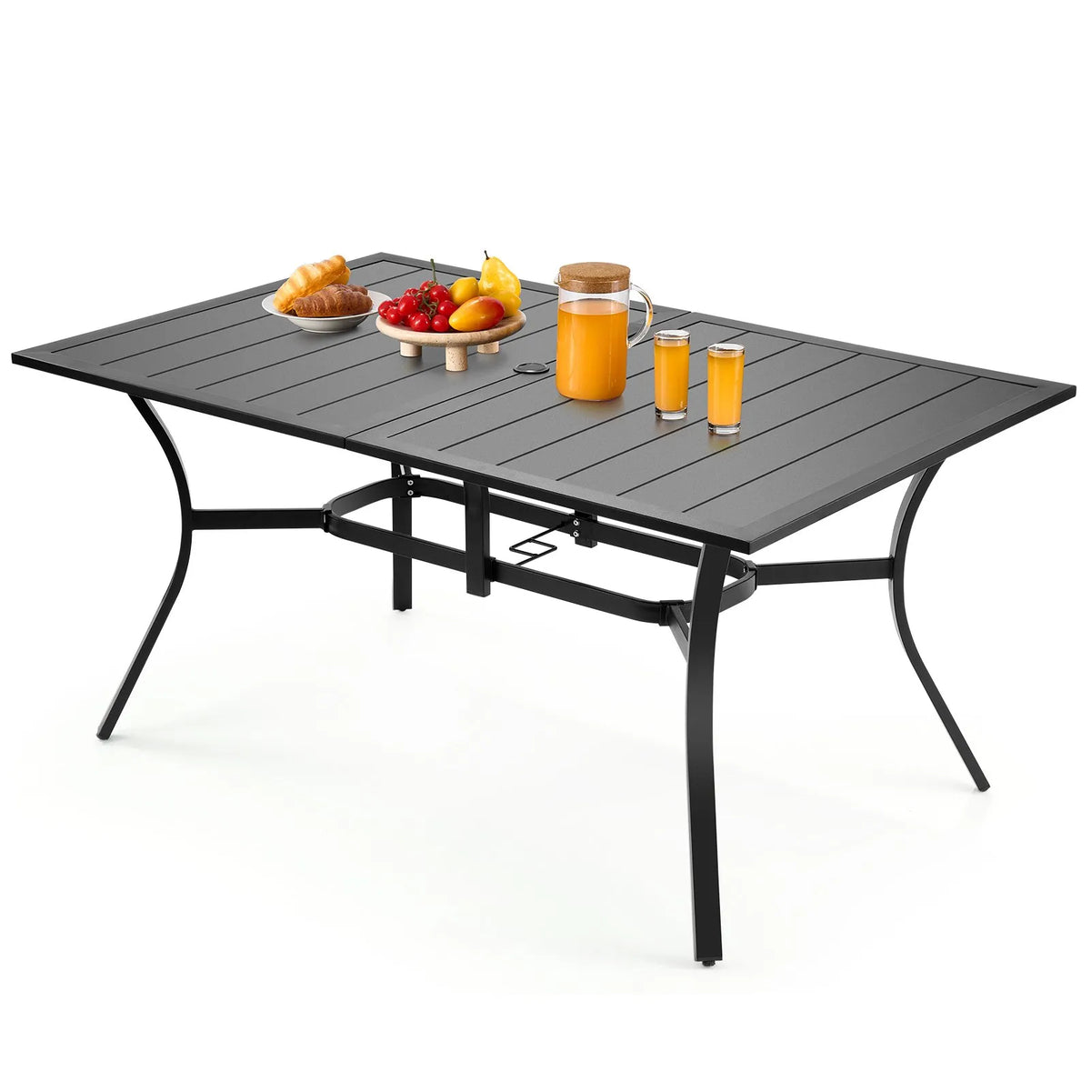 VEVOR Outdoor Dining Table, 150 cm Rectangular Metal Garden Table with Steel Slats for 4–6 People, 38 mm Umbrella Hole, Weather-Resistant Furniture for Garden, Terrace and Patio, Black