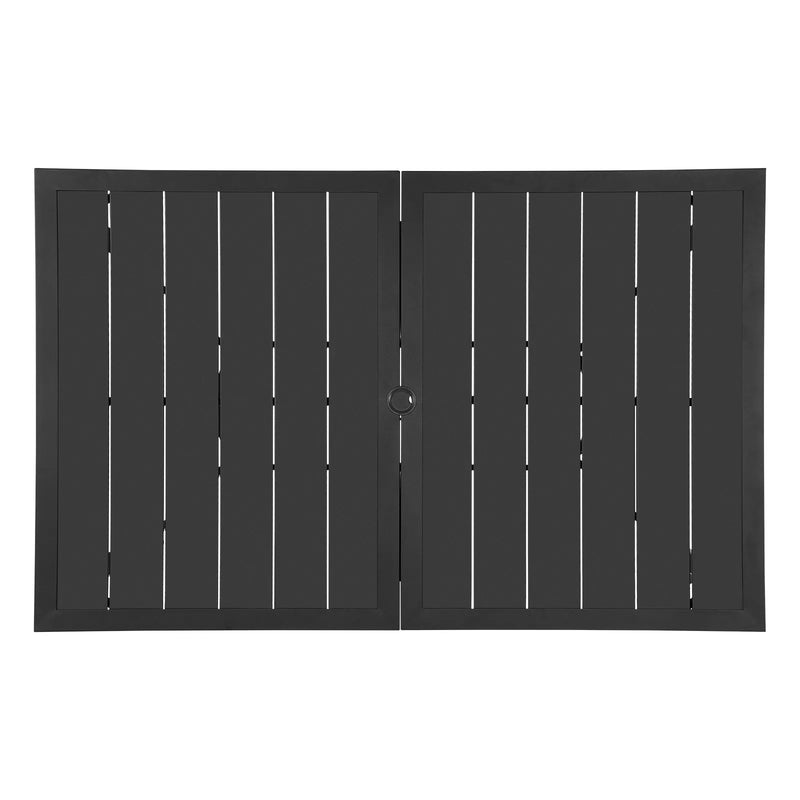 VEVOR āra ēdamgalds, 150 cm garš taisnstūra metāla dārza galds ar tērauda lamelēm 4–6 personām, ar 38 mm lietussarga atveri, laikapstākļu izturīgas mēbeles dārzam, terasei un pagalmam, melns