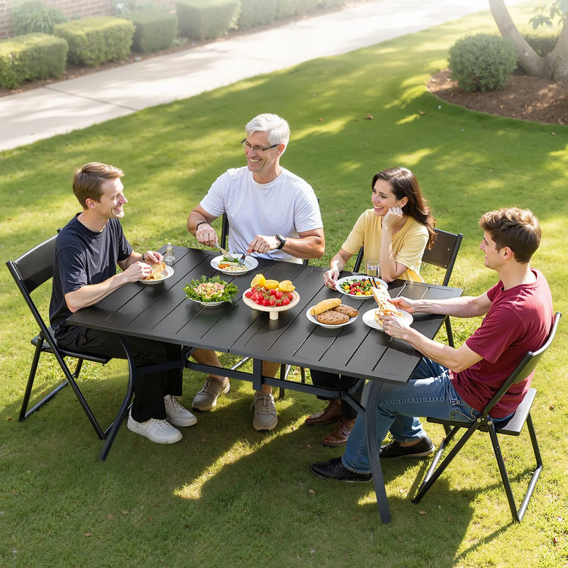 VEVOR āra ēdamgalds, 150 cm garš taisnstūra metāla dārza galds ar tērauda lamelēm 4–6 personām, ar 38 mm lietussarga atveri, laikapstākļu izturīgas mēbeles dārzam, terasei un pagalmam, melns