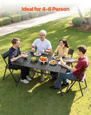 VEVOR āra ēdamgalds, 150 cm garš taisnstūra metāla dārza galds ar tērauda lamelēm 4–6 personām, ar 38 mm lietussarga atveri, laikapstākļu izturīgas mēbeles dārzam, terasei un pagalmam, melns