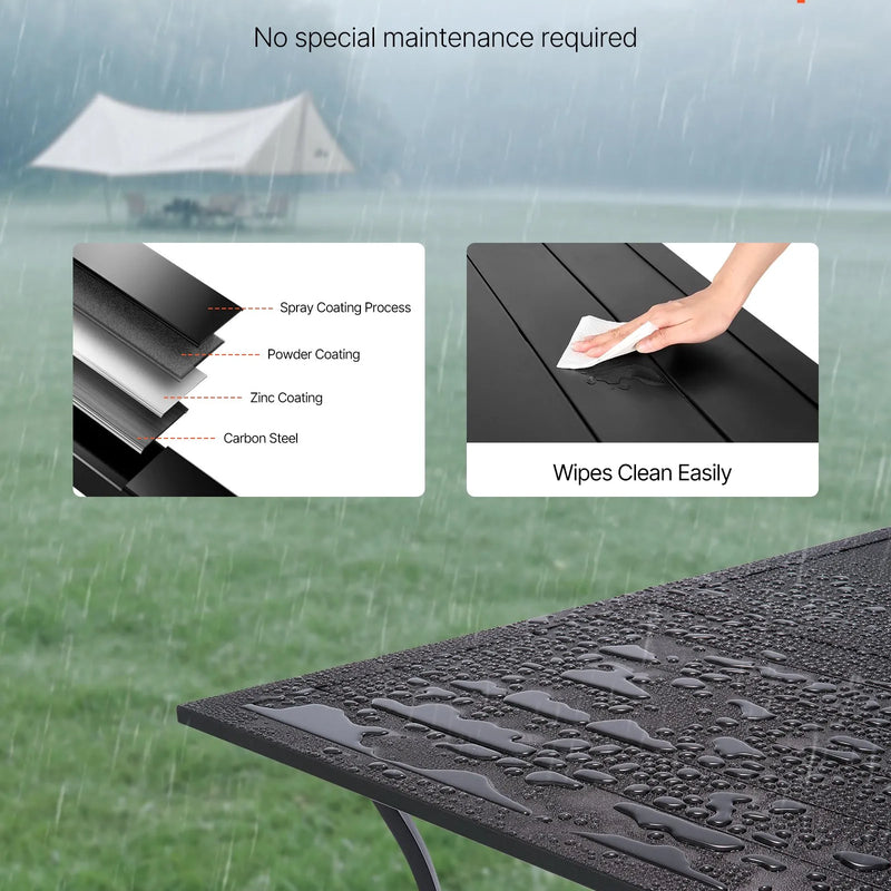 VEVOR āra ēdamgalds, 150 cm garš taisnstūra metāla dārza galds ar tērauda lamelēm 4–6 personām, ar 38 mm lietussarga atveri, laikapstākļu izturīgas mēbeles dārzam, terasei un pagalmam, melns