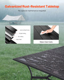 VEVOR āra ēdamgalds, 150 cm garš taisnstūra metāla dārza galds ar tērauda lamelēm 4–6 personām, ar 38 mm lietussarga atveri, laikapstākļu izturīgas mēbeles dārzam, terasei un pagalmam, melns