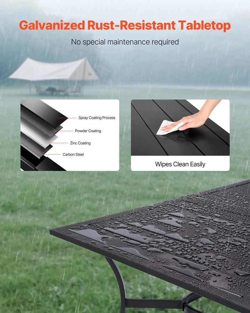 VEVOR āra ēdamgalds, 150 cm garš taisnstūra metāla dārza galds ar tērauda lamelēm 4–6 personām, ar 38 mm lietussarga atveri, laikapstākļu izturīgas mēbeles dārzam, terasei un pagalmam, melns