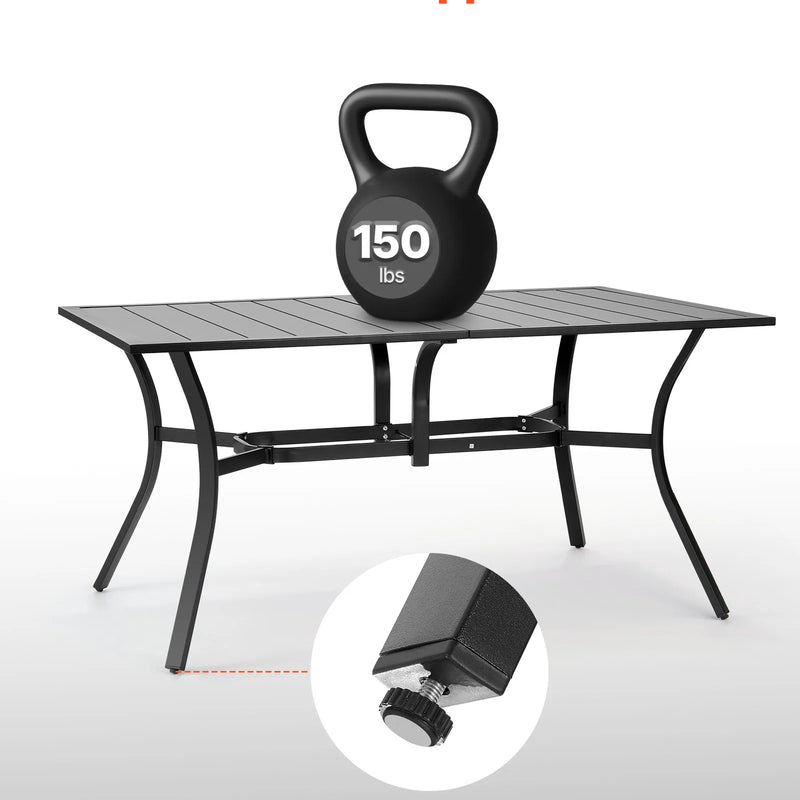 VEVOR āra ēdamgalds, 150 cm garš taisnstūra metāla dārza galds ar tērauda lamelēm 4–6 personām, ar 38 mm lietussarga atveri, laikapstākļu izturīgas mēbeles dārzam, terasei un pagalmam, melns