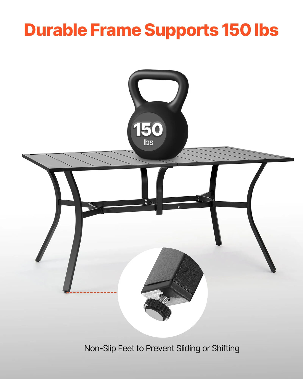 VEVOR Outdoor Dining Table, 150 cm Rectangular Metal Garden Table with Steel Slats for 4–6 People, 38 mm Umbrella Hole, Weather-Resistant Furniture for Garden, Terrace and Patio, Black