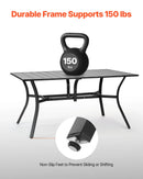 VEVOR āra ēdamgalds, 150 cm garš taisnstūra metāla dārza galds ar tērauda lamelēm 4–6 personām, ar 38 mm lietussarga atveri, laikapstākļu izturīgas mēbeles dārzam, terasei un pagalmam, melns