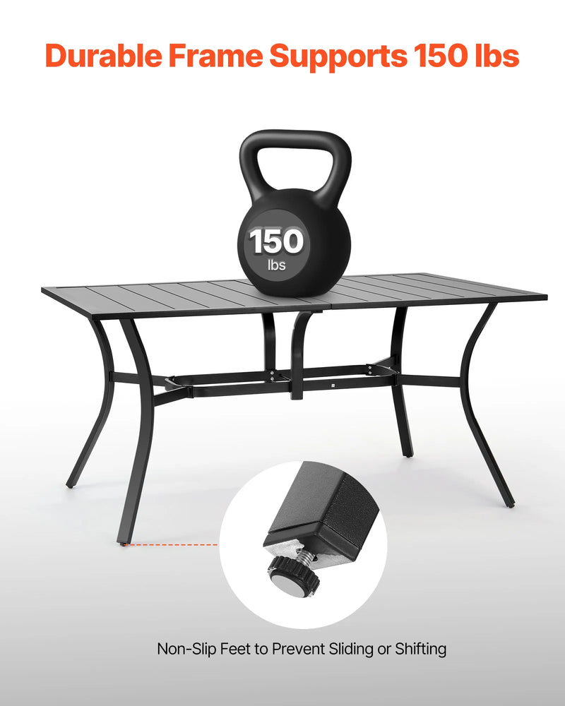 VEVOR āra ēdamgalds, 150 cm garš taisnstūra metāla dārza galds ar tērauda lamelēm 4–6 personām, ar 38 mm lietussarga atveri, laikapstākļu izturīgas mēbeles dārzam, terasei un pagalmam, melns