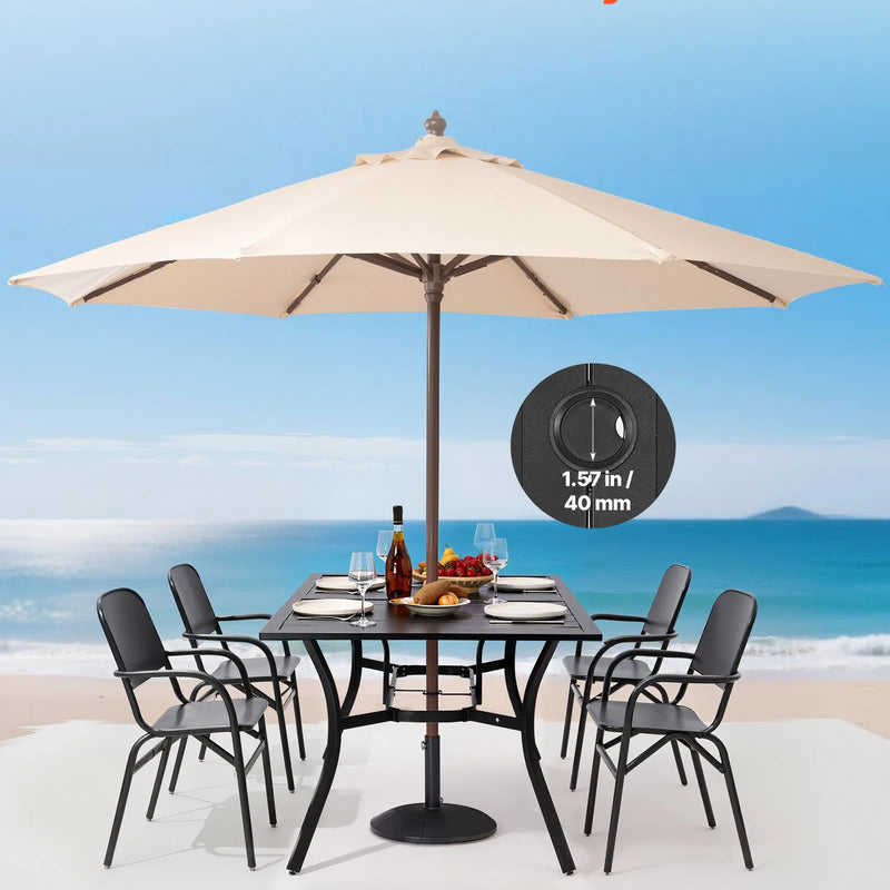 VEVOR āra ēdamgalds, 150 cm garš taisnstūra metāla dārza galds ar tērauda lamelēm 4–6 personām, ar 38 mm lietussarga atveri, laikapstākļu izturīgas mēbeles dārzam, terasei un pagalmam, melns