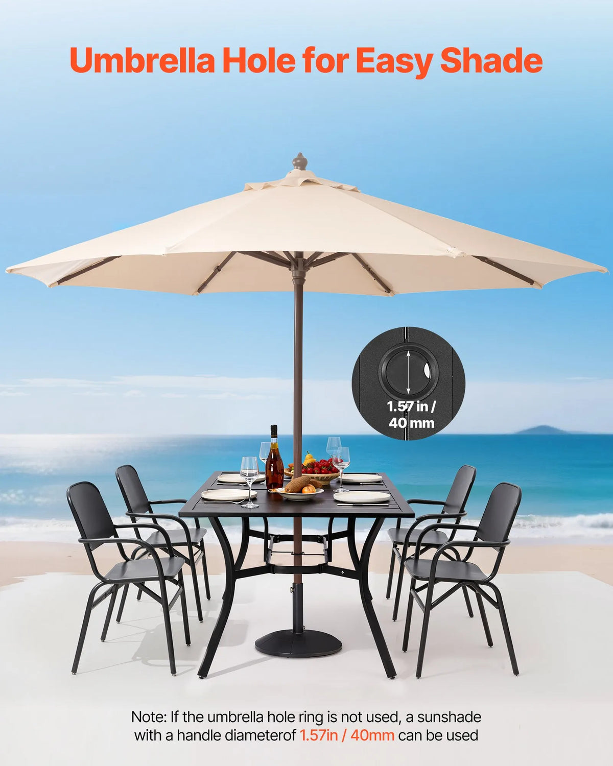VEVOR Outdoor Dining Table, 150 cm Rectangular Metal Garden Table with Steel Slats for 4–6 People, 38 mm Umbrella Hole, Weather-Resistant Furniture for Garden, Terrace and Patio, Black