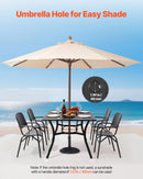 VEVOR āra ēdamgalds, 150 cm garš taisnstūra metāla dārza galds ar tērauda lamelēm 4–6 personām, ar 38 mm lietussarga atveri, laikapstākļu izturīgas mēbeles dārzam, terasei un pagalmam, melns