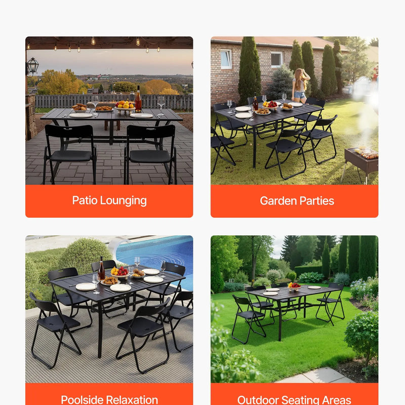 VEVOR āra ēdamgalds, 150 cm garš taisnstūra metāla dārza galds ar tērauda lamelēm 4–6 personām, ar 38 mm lietussarga atveri, laikapstākļu izturīgas mēbeles dārzam, terasei un pagalmam, melns