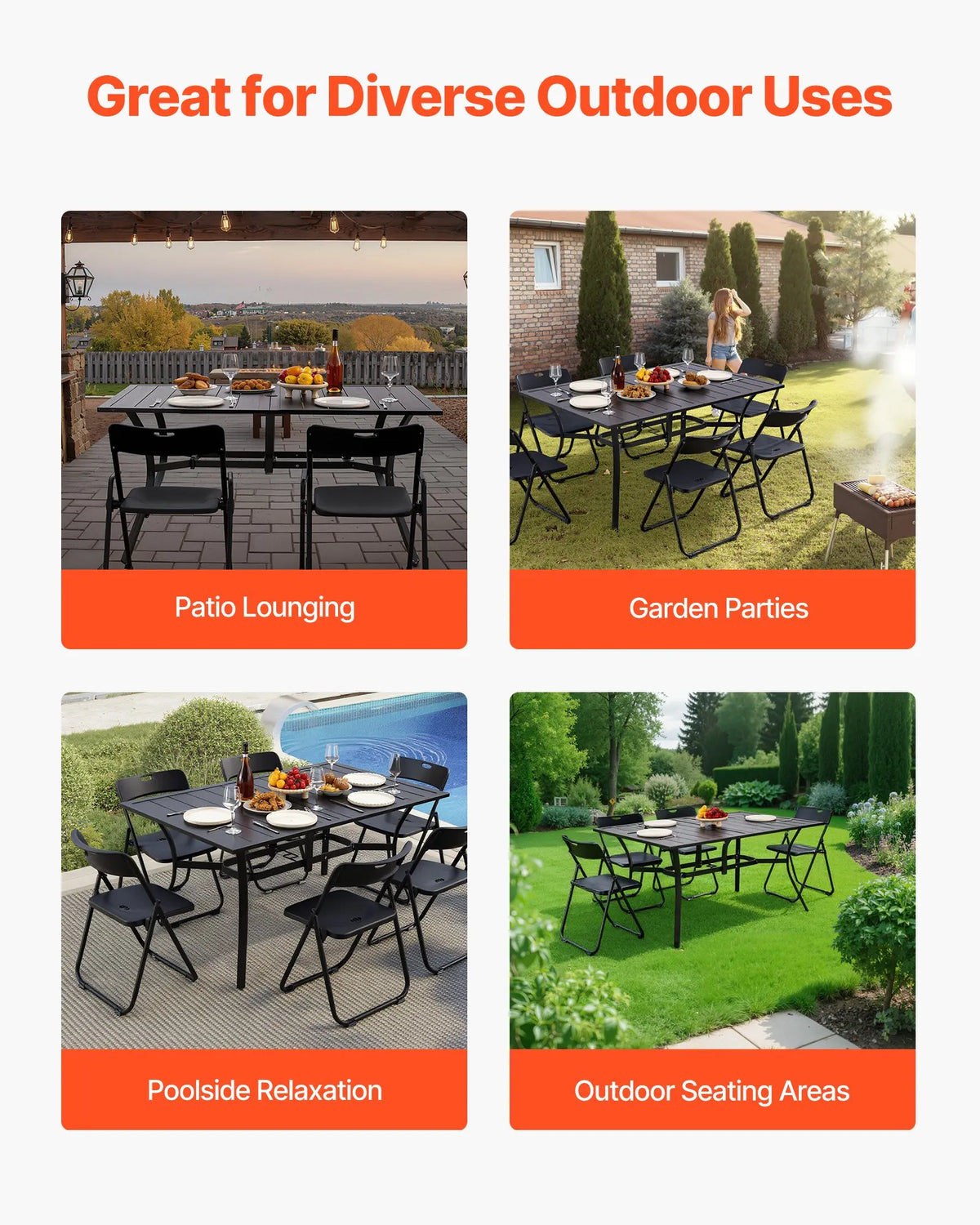 VEVOR Outdoor Dining Table, 150 cm Rectangular Metal Garden Table with Steel Slats for 4–6 People, 38 mm Umbrella Hole, Weather-Resistant Furniture for Garden, Terrace and Patio, Black