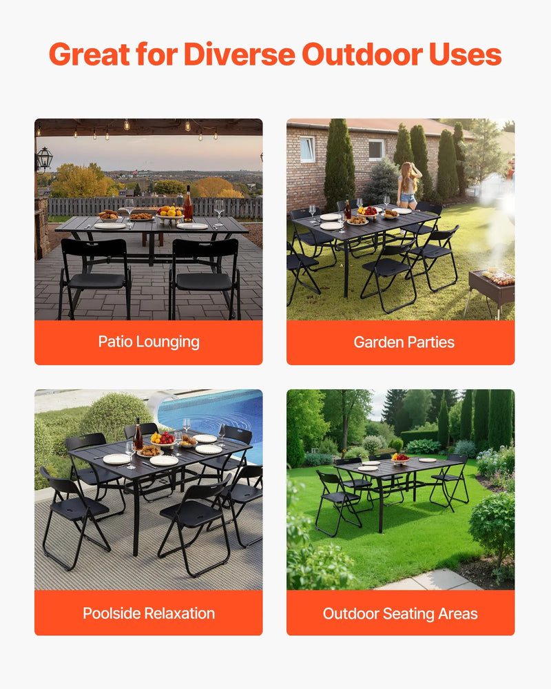 VEVOR āra ēdamgalds, 150 cm garš taisnstūra metāla dārza galds ar tērauda lamelēm 4–6 personām, ar 38 mm lietussarga atveri, laikapstākļu izturīgas mēbeles dārzam, terasei un pagalmam, melns