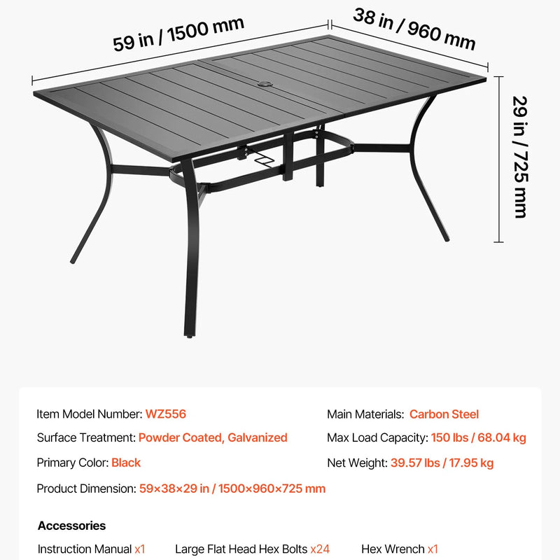 VEVOR āra ēdamgalds, 150 cm garš taisnstūra metāla dārza galds ar tērauda lamelēm 4–6 personām, ar 38 mm lietussarga atveri, laikapstākļu izturīgas mēbeles dārzam, terasei un pagalmam, melns