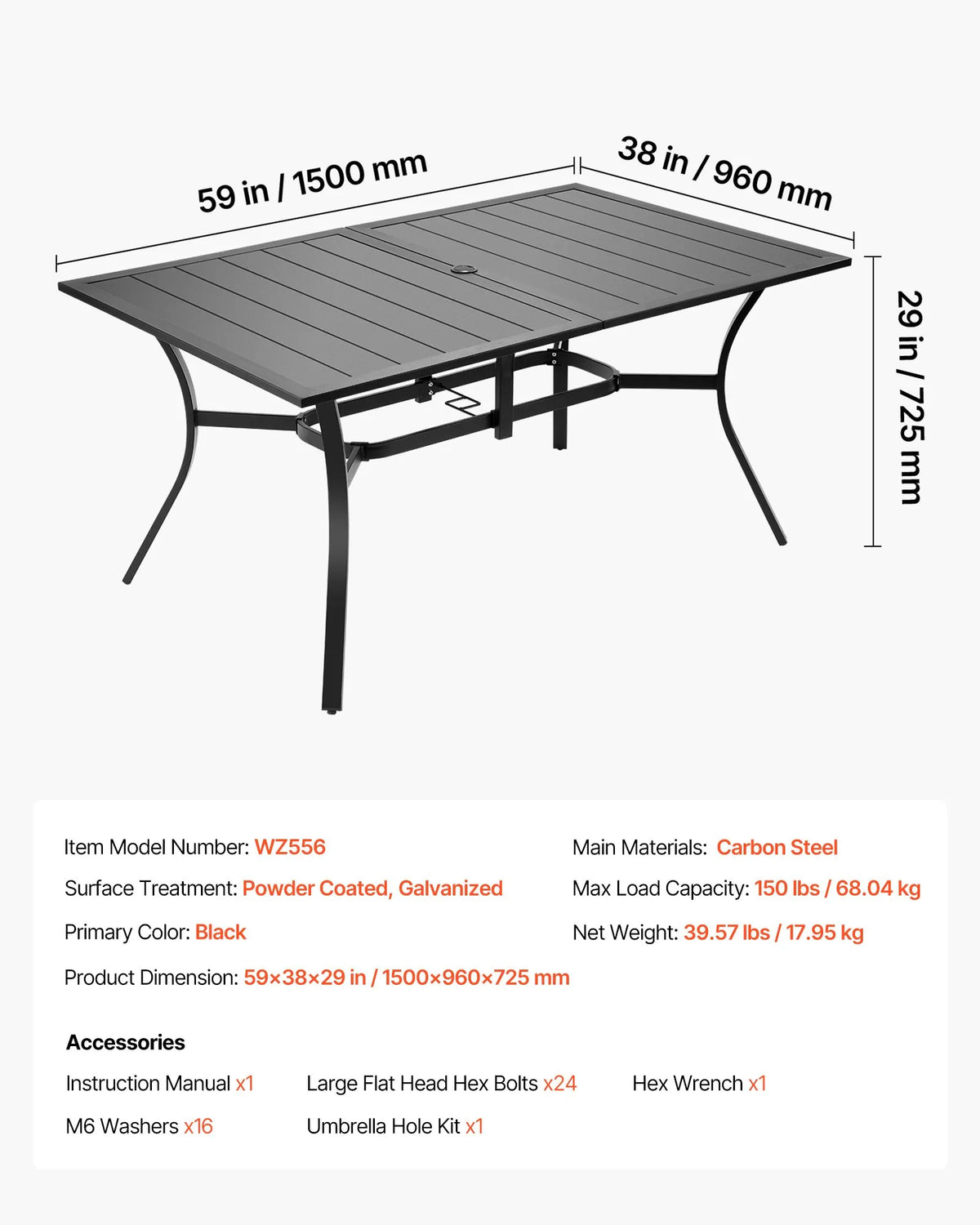 VEVOR Outdoor Dining Table, 150 cm Rectangular Metal Garden Table with Steel Slats for 4–6 People, 38 mm Umbrella Hole, Weather-Resistant Furniture for Garden, Terrace and Patio, Black