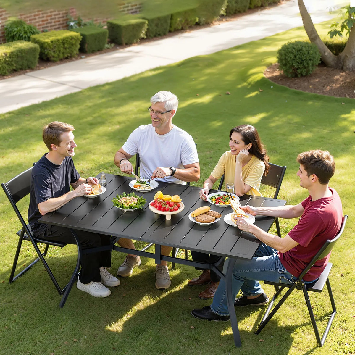 VEVOR Outdoor Dining Table, 150 cm Rectangular Metal Garden Table with Steel Slats for 4–6 People, 38 mm Umbrella Hole, Weather-Resistant Furniture for Garden, Terrace and Patio, Black
