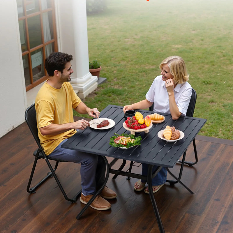 VEVOR āra metāla dārza galds, 94 cm kvadrātveida tērauda režģa bistro galds ar 38 mm saulessarga atveri, piemērots lietošanai dārzā, terasē vai pagalmā, melns