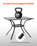 VEVOR āra metāla dārza galds, 94 cm kvadrātveida tērauda režģa bistro galds ar 38 mm saulessarga atveri, piemērots lietošanai dārzā, terasē vai pagalmā, melns