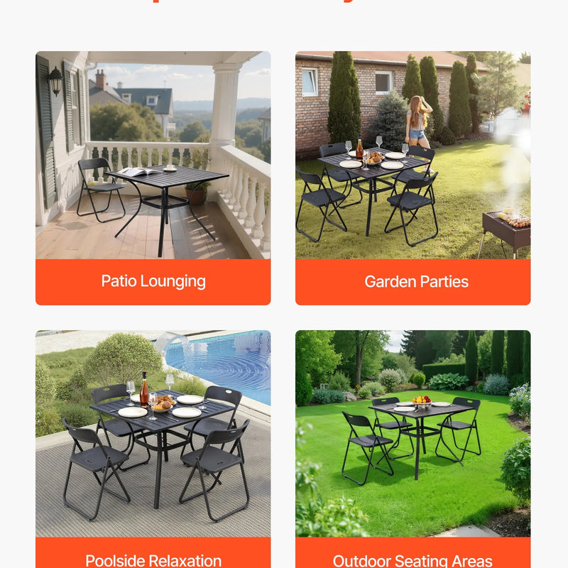 VEVOR āra metāla dārza galds, 94 cm kvadrātveida tērauda režģa bistro galds ar 38 mm saulessarga atveri, piemērots lietošanai dārzā, terasē vai pagalmā, melns