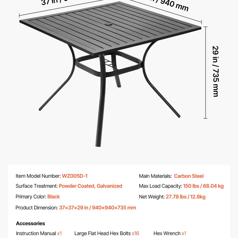 VEVOR āra metāla dārza galds, 94 cm kvadrātveida tērauda režģa bistro galds ar 38 mm saulessarga atveri, piemērots lietošanai dārzā, terasē vai pagalmā, melns