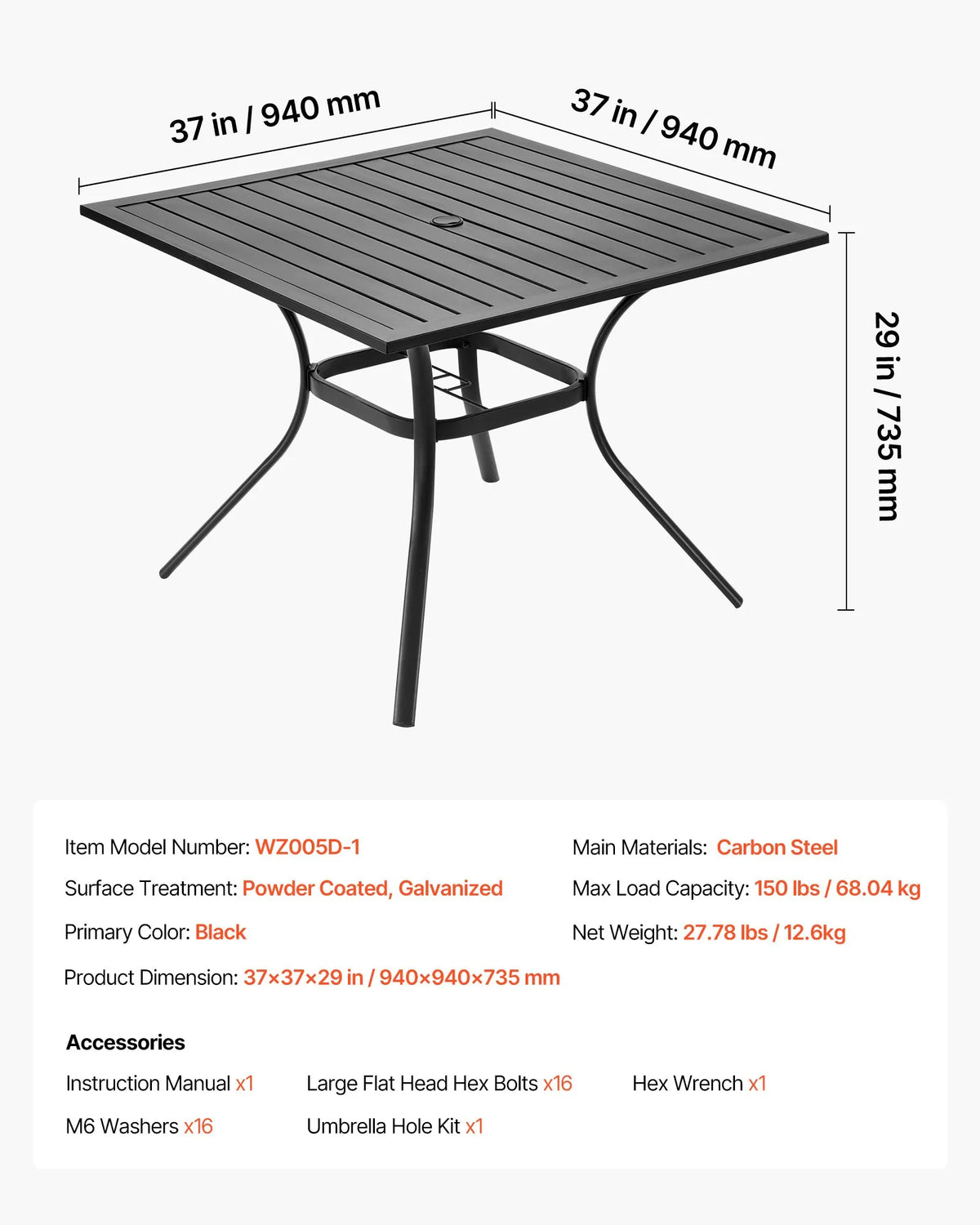 VEVOR Outdoor Metal Garden Table, 94 cm Square Steel Mesh Bistro Table with 38 mm Umbrella Hole, Suitable for Garden, Terrace or Patio, Black