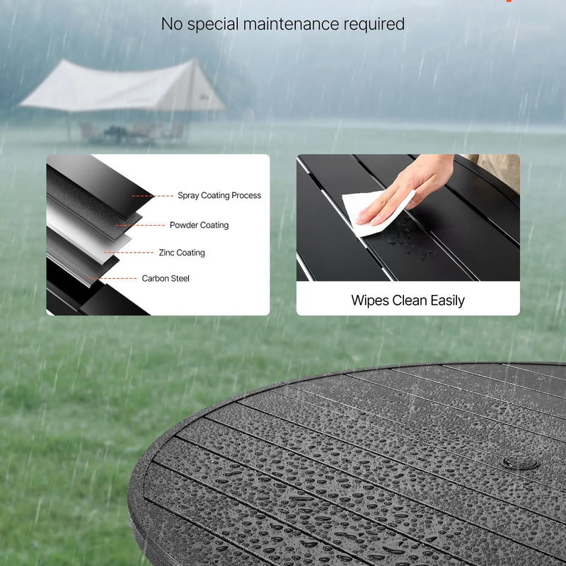 VEVOR āra ēdamgalds, 120 cm apaļš metāla dārza galds ar tērauda lamelēm un 38 mm lietussarga atveri, laikapstākļu izturīgas mēbeles dārzam, terasei un pagalmam, melns