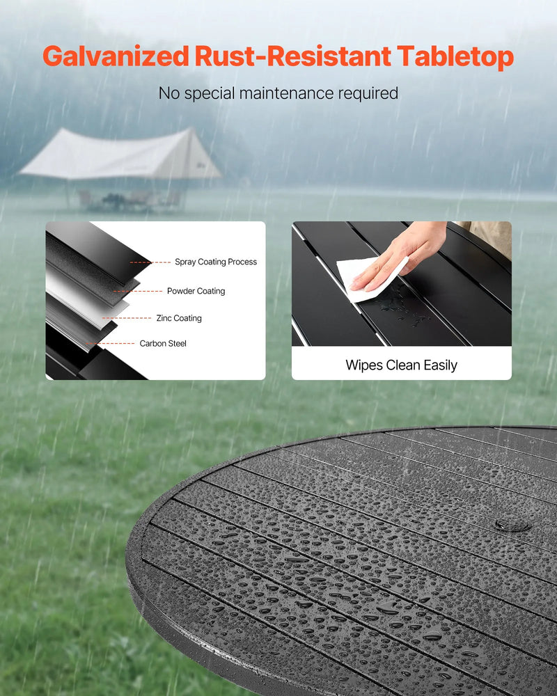 VEVOR āra ēdamgalds, 120 cm apaļš metāla dārza galds ar tērauda lamelēm un 38 mm lietussarga atveri, laikapstākļu izturīgas mēbeles dārzam, terasei un pagalmam, melns