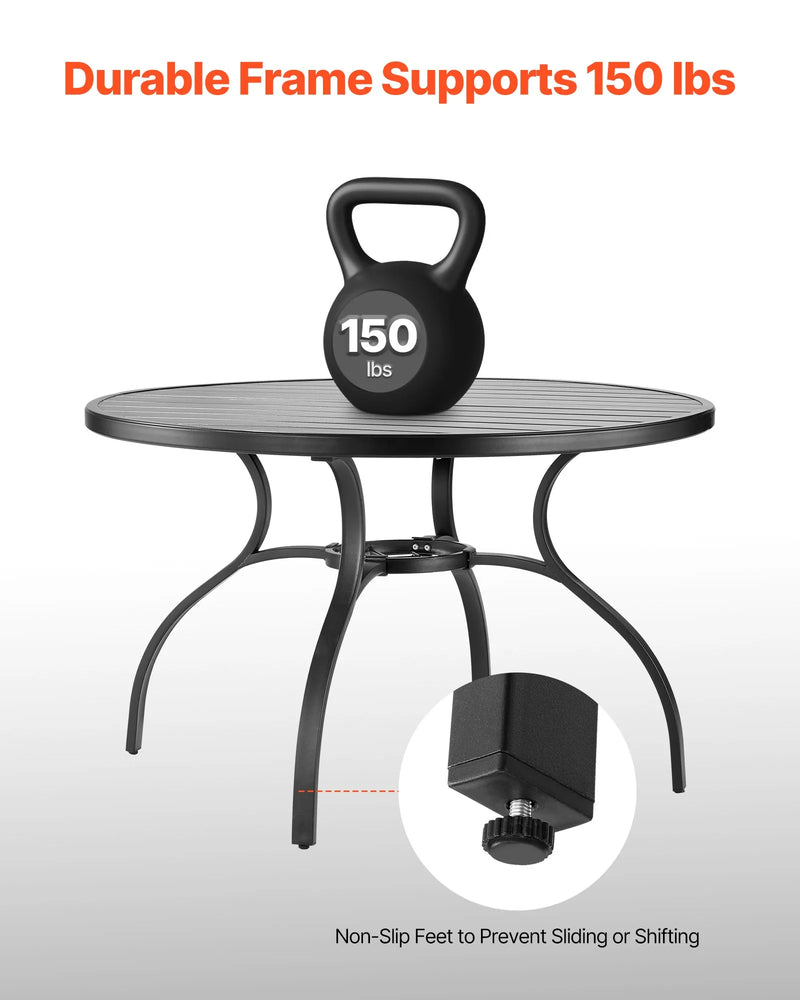 VEVOR āra ēdamgalds, 120 cm apaļš metāla dārza galds ar tērauda lamelēm un 38 mm lietussarga atveri, laikapstākļu izturīgas mēbeles dārzam, terasei un pagalmam, melns